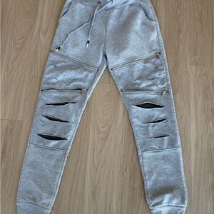 Gray Joggers with Distressed and Zipper Details